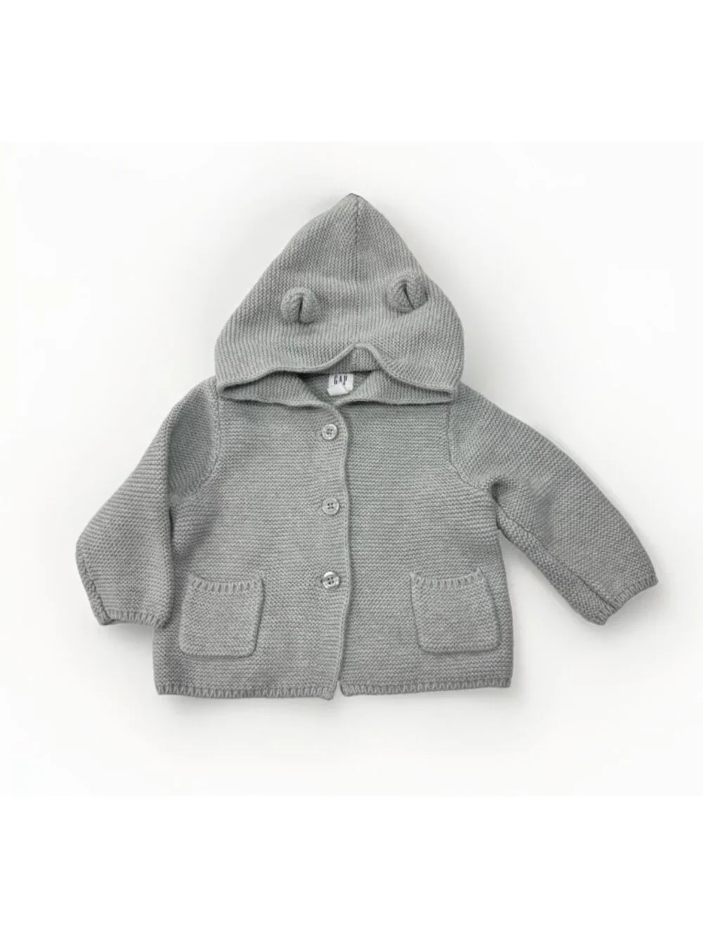 Baby Gap Grey Button Up Bear Hood Cardigan Sweater size 6-12 months Boys/Unisex